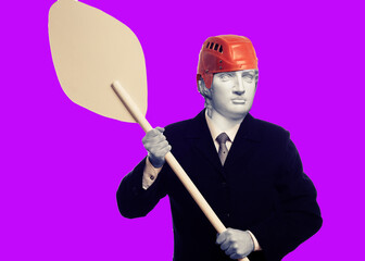 Abstract modern collage. The man with the plaster head of David businessman in a hockey helmet and...
