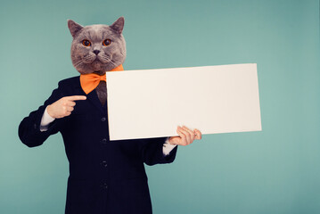Abstract modern collage. The man with the head of funny cat with orange bow-tie points finger blank...