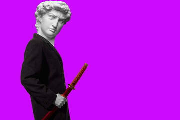 Abstract modern collage. The man with the plaster head of David businessman in a black suit with a samurai sword on pink background