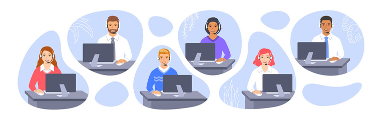 Call center customer care operators with headsets at the desks. Flat vector illustration. Friendly customer support service agents, men and women, talking with clients. Contact center assistants