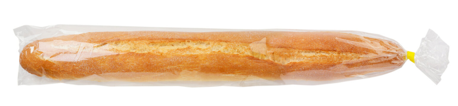 Baguette in a transparent package on a white background, isolated. Top view