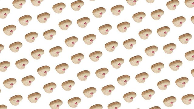 This stock motion graphics video shows a moving pattern background of Valentines heart-shaped vanilla Macaron or French macaroons. 3 in 1 animation: a different sides and size Rotating Background