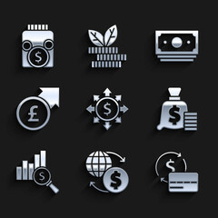 Set Dollar, share, network, Money exchange, Credit card, bag, Pie chart and dollar, Financial growth pound, Stacks paper money cash and Glass jar with coin icon. Vector