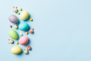 holiday preparation Multi colors Easter eggs on colored background . Pastel color Easter eggs. holiday concept with copy space
