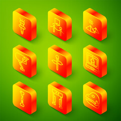 Set line Torch flame, Picture and rope barrier, Egypt pyramids, Security camera, Road traffic signpost, Online museum, Human broken bone and Metal detector icon. Vector