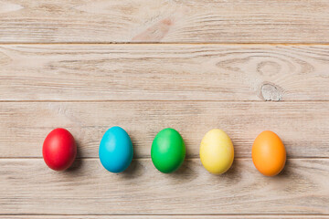 holiday preparation Multi colors Easter eggs on colored background . Pastel color Easter eggs. holiday concept with copy space