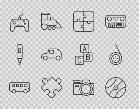 Set line Bus toy, Basketball ball, Puzzle pieces, Gamepad, Toy car, Photo camera and Yoyo icon. Vector