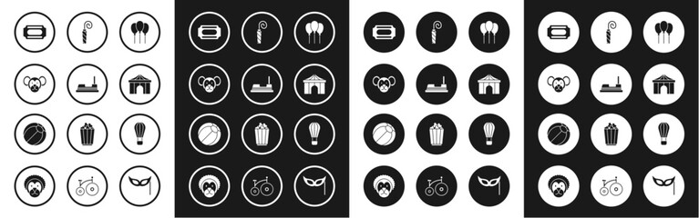 Set Balloons with ribbon, Bumper car, Monkey, Circus ticket, tent, Birthday party horn, Hot air balloon and Beach icon. Vector