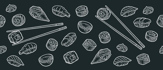 Set Sushi. Vintage black vector engraving. Isolated on white background. - 484000968