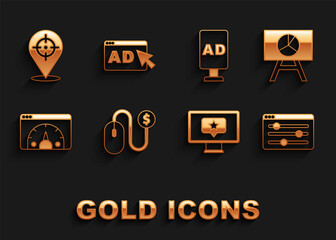 Set Advertising, Board with graph chart, Browser setting, Monitor star, Website statistic, Target and icon. Vector