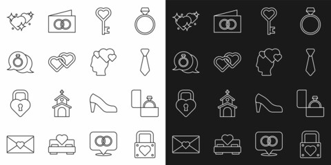 Set line Lock and heart, Diamond engagement ring, Tie, Key shape, Two Linked Hearts, and Head with icon. Vector