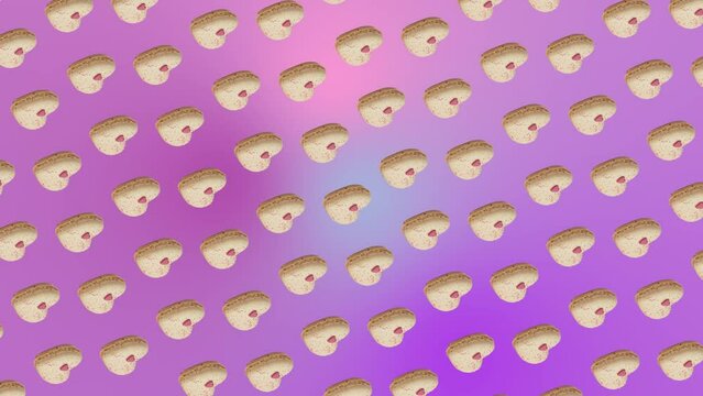 A nice colorful 3 in 1 animation: a different sides and size animations for 10 sec pattern made of heart-shaped Sweet vanilla color macaroons, on trending purple multi colored animated background.