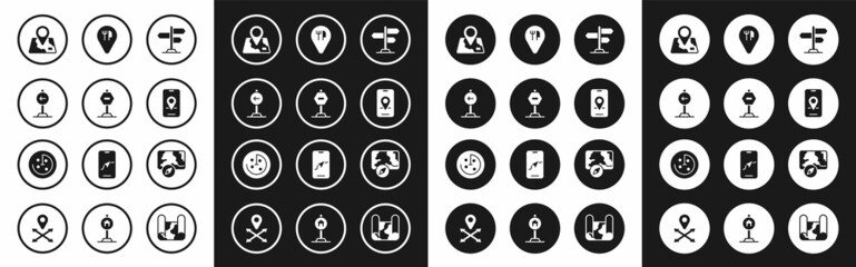 Set Road traffic sign, Stop, Traffic turn left, Folded map with location marker, City navigation, Cafe and restaurant, and Radar targets monitor icon. Vector