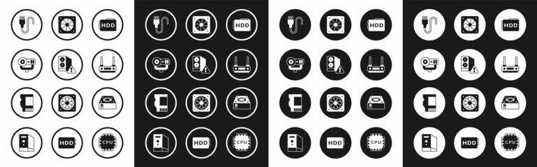 Set Hard disk drive HDD, Case of computer, Web camera, USB cable cord, Router and wi-fi signal, Computer cooler, and SD card icon. Vector