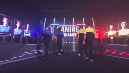 Entering and greeting two esport teams at the grand final of the esports championship