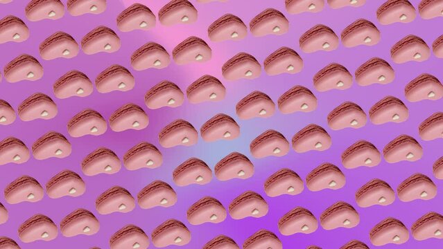 Interesting circular rotate animation pattern with Macaron or French macaroon in pink heart shapes on a trending ligh pink-purpule multi colored gradient background. 3 in 1 animations for 10 sec