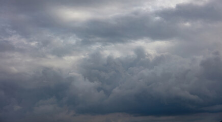 Storm cloud sky background. Grey color cloudscape, gloomy weather
