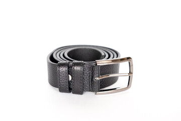 Mens black genuine leather belt Isolated over white background with clipping path included