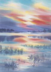 Evening sky by the lake with clouds watercolor background