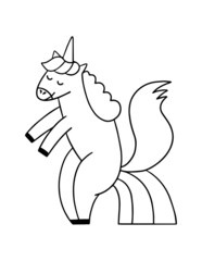 Coloring page illustration with unicorn pooping rainbow. Fun horse drawing.