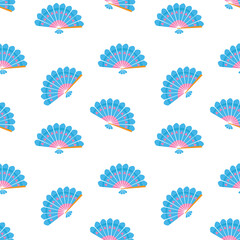 Seamless pattern with blue cute fans on a white background. Vector illustration in a minimalistic flat style, hand drawn. Print for textiles, print design, postcards.