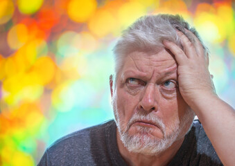 Porträt von einem älteren Mann, er blickt verwirrt und stützt seinen Kopf mit einer Hand. Bunte Lichter leuchten im Hintergrund - obrazy, fototapety, plakaty