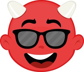 Obraz premium Vector illustration of the face of a cartoon devil with a happy expression and sunglasses