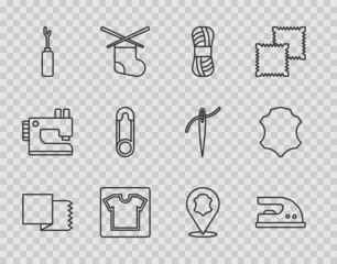 Fototapeta premium Set line Textile fabric roll, Electric iron, Yarn, Sewing pattern, Awl tool, Safety pin, Leather and icon. Vector
