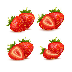 Set of realistic fresh strawberry with leaves, fruit cut in half, fruit without their calyx, isolated on white background. 3d vector illustration.