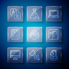 Set line Computer monitor, Fountain pen nib, Table lamp, Laptop, Man reading book, Exam sheet with check mark, Translator and School classroom icon. Vector