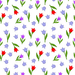 Seamless pattern with red and blue tulip flowers on a white background. Vector illustration in a minimalistic flat style, hand drawn. Print for textiles, print design, postcards.