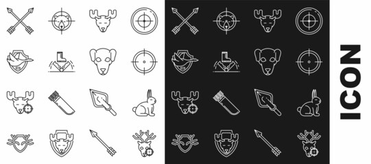 Set line Hunt on deer with crosshairs, Rabbit, Target sport for shooting competition, Moose head horns, Trap hunting, Flying duck shield, Crossed arrows and Hunting dog icon. Vector