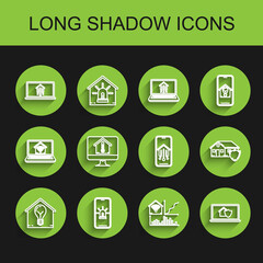 Set line Smart house and light bulb, Mobile phone with smart alarm, Laptop home, wi-fi, under protection, Computer monitor temperature, House and icon. Vector