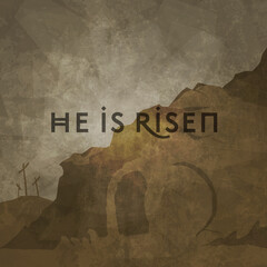 Abstract and stylized image of empty tomb of Jesus Christ, who rose from the dead on the third day. Aged and textured image with hues of gold, brown and gray. “He is Risen” type over image.