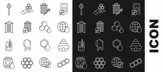 Set line Honeycomb, Hive for bees, map of the world, with honey dipper stickicon, Bee and honeycomb, and icon. Vector