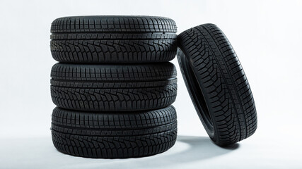 Stack of tires with one leaning wheel isolated on white background. Black wheels with structure shot in studio. Rubbers on car with copy space.