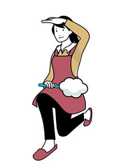 イラスト素材：はたきを片手にキメポーズをするエプロンの女性
