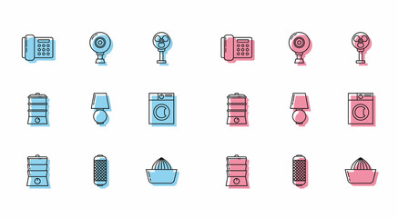Set line Double boiler, Stereo speaker, Telephone, Citrus fruit juicer, Table lamp, Washer, and Web camera icon. Vector