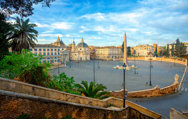 Piazza del Popolo (People's Square), Rome, Italy. Churches of Santa Maria in Montesanto and Santa Maria dei Miracoli. Egyptian obelisk of Ramesses II. Rome architecture and landmark.