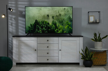 Cozy room interior with stylish furniture, decor elements and TV set