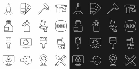 Set line Paint brush, Tube with paint and, RGB, roller, spray gun, Paint, gouache, jar, dye, and icon. Vector