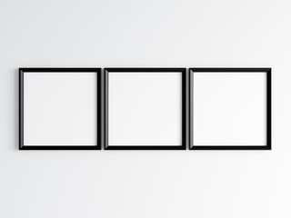 Three square black frames on the wall, poster mockup, print mockup, 3d render