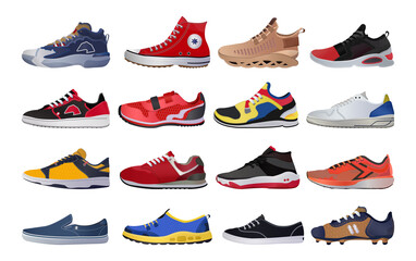 Collection of realistic sneakers of different types. Sports shoes in detailed style. - obrazy, fototapety, plakaty