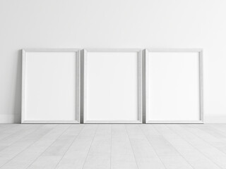 Three white frames mockup, poster mockup, print mockup, 3d render