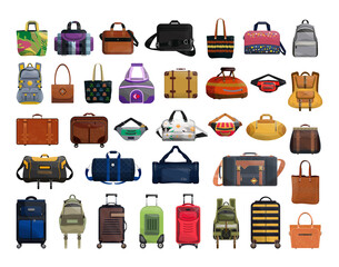 Collection of bags, suitcases, backpacks in a realistic style.