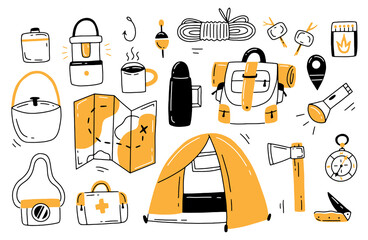 A set of items for hiking in doodle style. Illustration with tourism elements isolated on a white background.