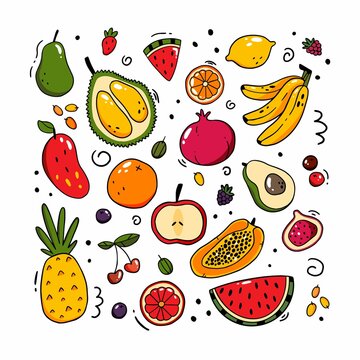 Fruit and berries set in doodle style. Isolated food illustration.