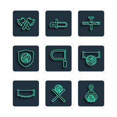 Set line Two-handed saw, Wooden logs on stand, Grapple crane grabbed, Metallic nail, Hacksaw, axe and icon. Vector