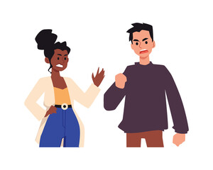 Angry man and woman in conflict, flat vector illustration isolated on white background.