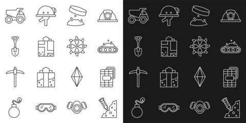 Set line Construction jackhammer, Dynamite, Conveyor belt carrying coal, Giant magnet holding iron dust, Mine entrance, Shovel, Mining dump truck and Bucket wheel excavator icon. Vector